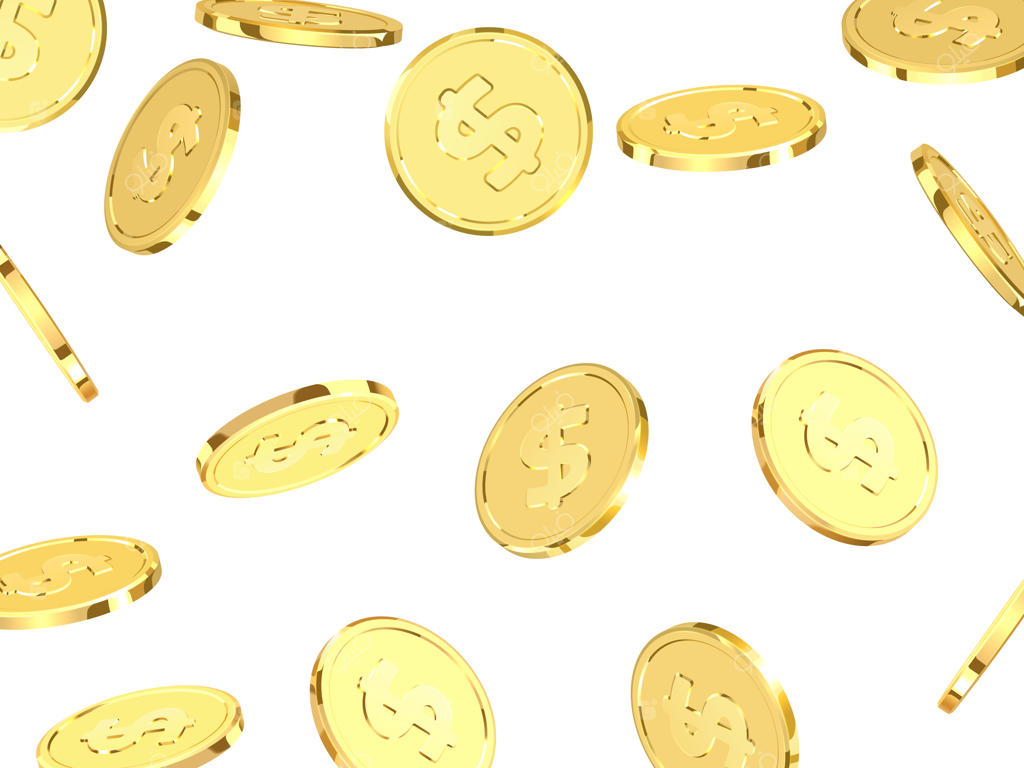 سکه‌های طلا: پول سه‌بعدی واقع‌گرایانه در پس‌زمینه سفید. سکه‌ فلزی دلار. تصویر‌سازی وکتور.