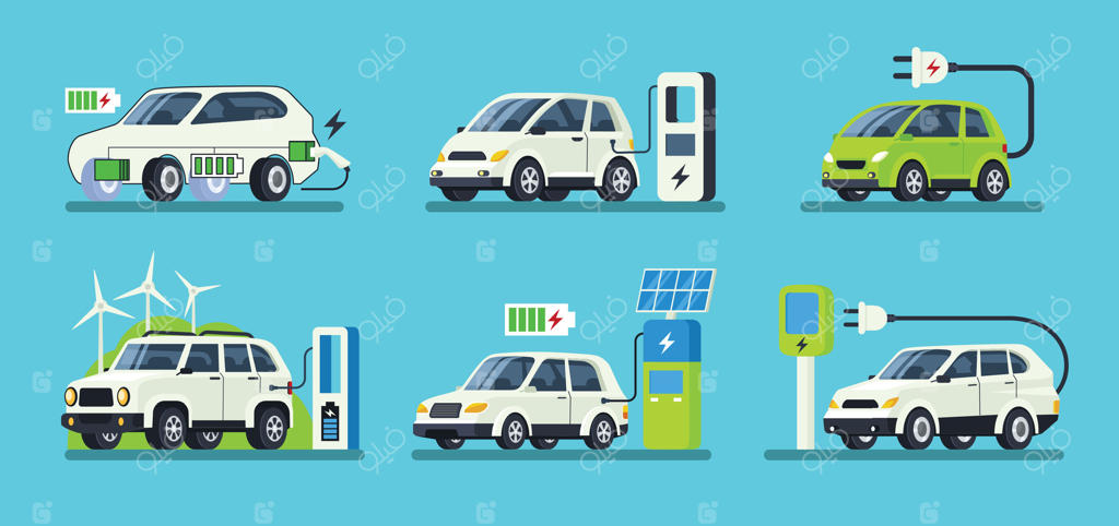 ماشین برقی. ایستگاه‌های شارژ خودروهای الکتریکی و هیبریدی، شارژ پایدار با توربین‌های بادی و پنل‌های خورشیدی، مجموعه‌ای از تصاویر منابع انرژی تجدیدپذیر سبز