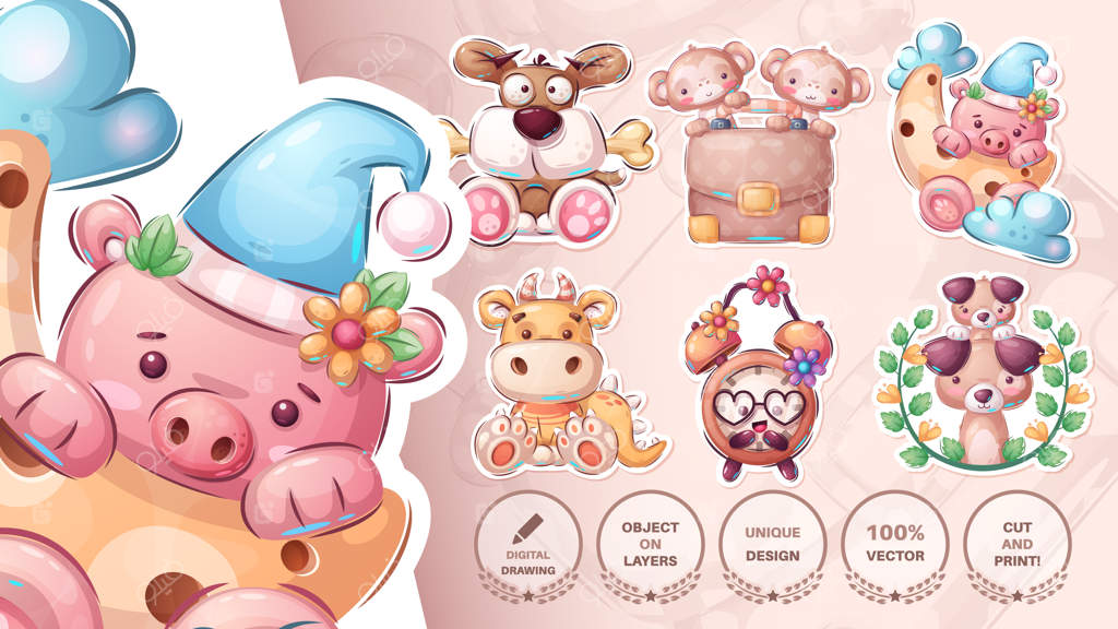 استیکر وکتور حیوان شخصیت کارتونی بامزه (EPS 10)