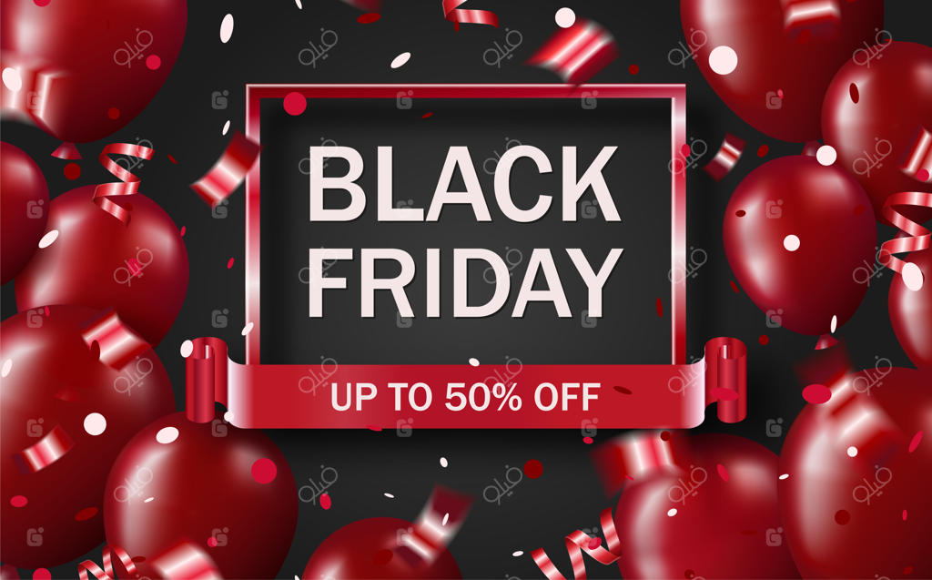 بنر حراج جمعه سیاه با بادکنک‌های براق و کنفتی قرمز