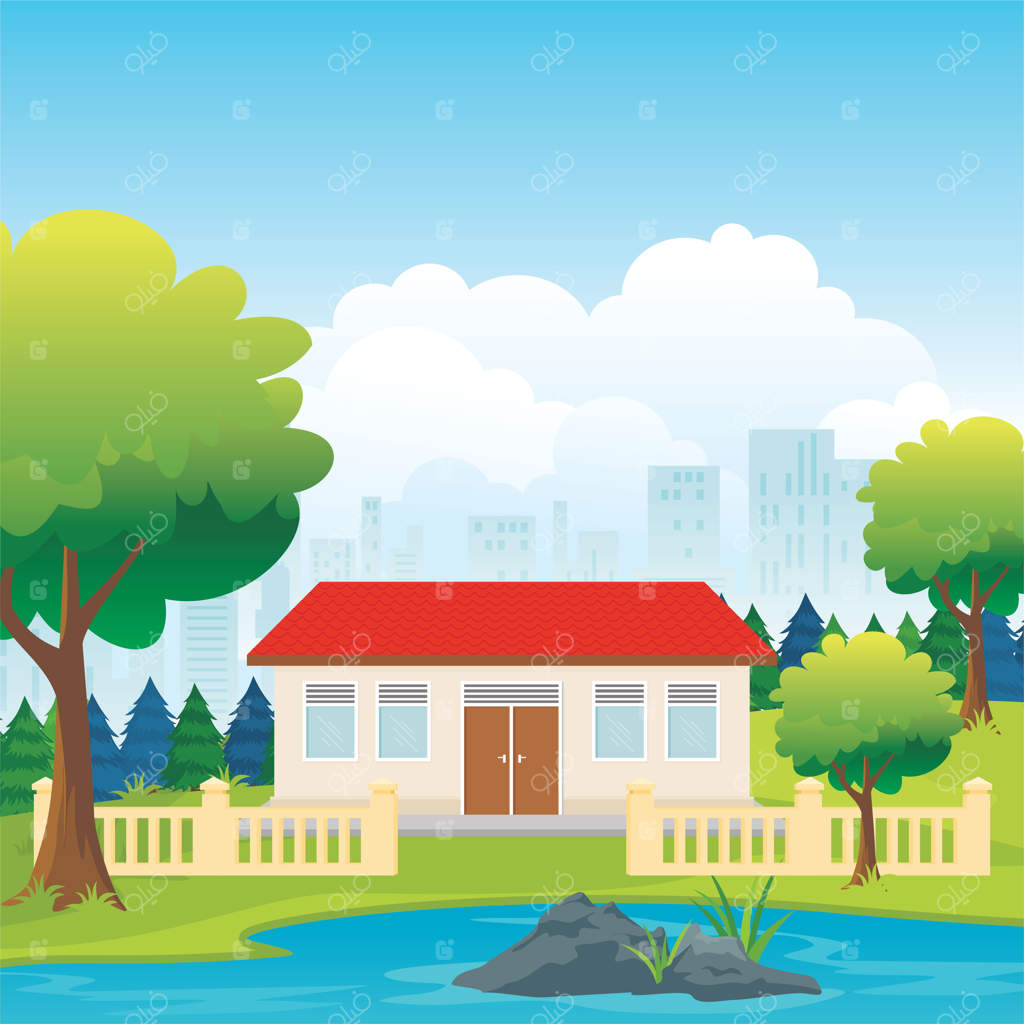 تصویر مدرسه اندونزیایی کارتونی با حیاط سبز