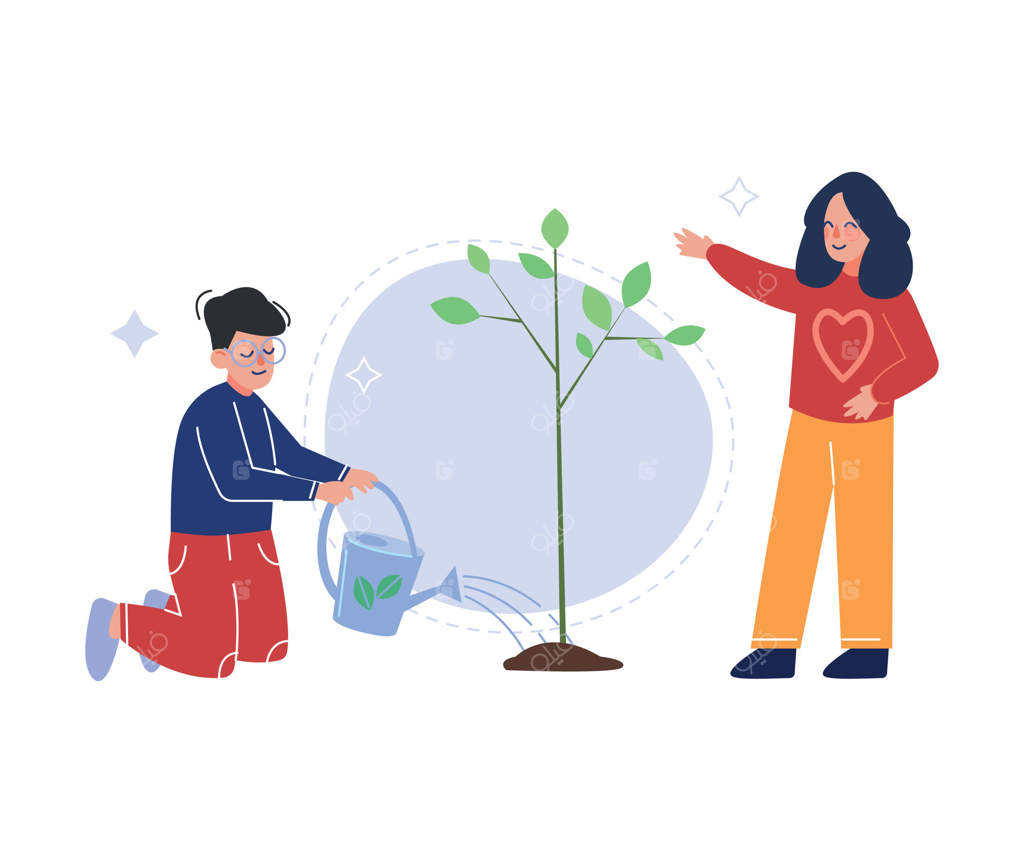 تصویر پسر و دختر در حال کاشت و آبیاری درخت، کودکان داوطلب در باغ یا پارک