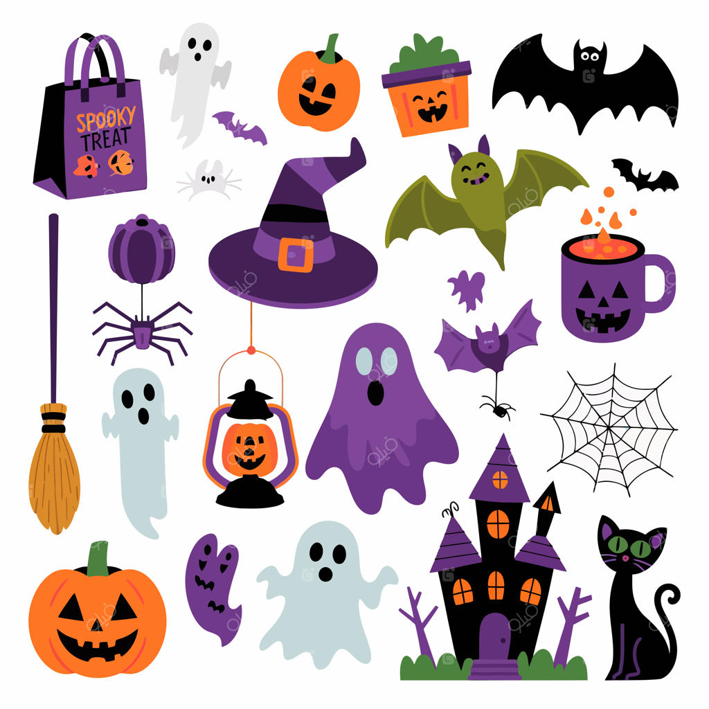 مجموعه‌ای از المان‌های هالووین شامل جادوگر و کدو تنبل
