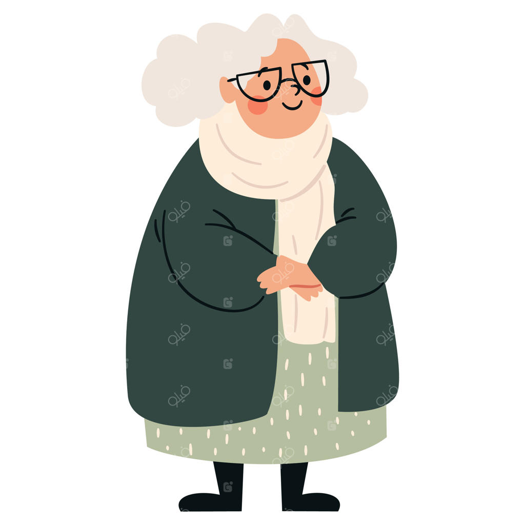 تصویرسازی ساده به سبک کودکان: مادربزرگ بامزه با عینک در زمینه سفید