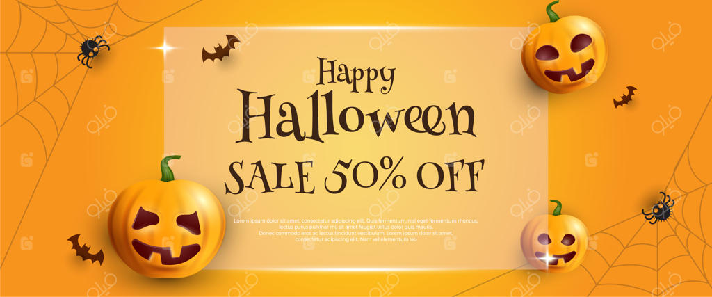 بنر فروش ویژه هالووین با فانوس کدو از جعبه هدیه روی پس‌زمینه زرد