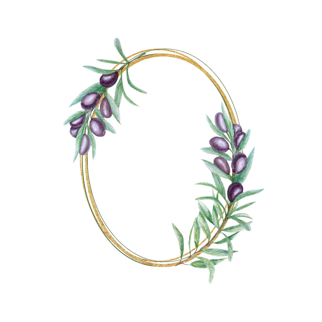 تاج زیتون سیاه آبرنگی با قاب طلایی و برگ‌های شاخه زیتون، نقاشی دستی