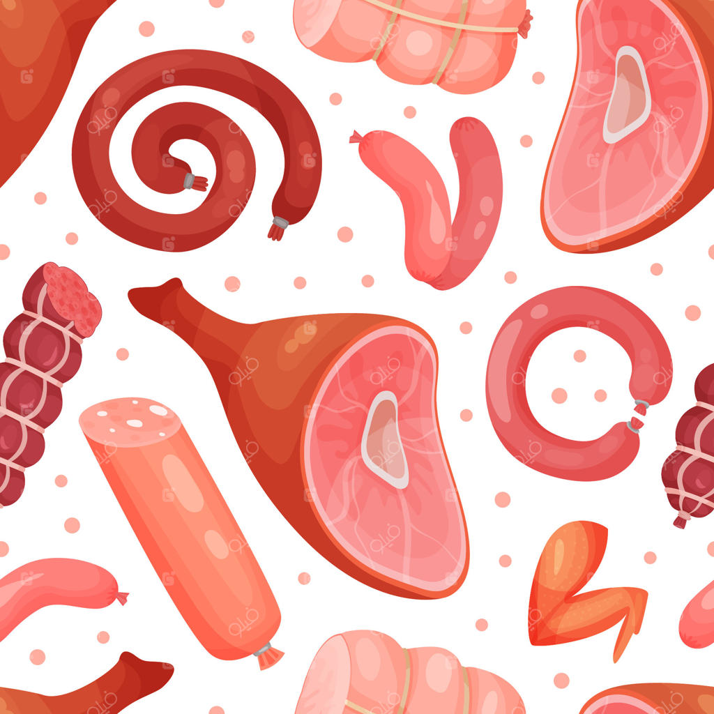 پترن یکپارچه محصولات گوشتی تازه. زمینه، کاغذ دیواری، جلد، طراحی پارچه و بسته‌بندی برای قصابی و بازار مزرعه