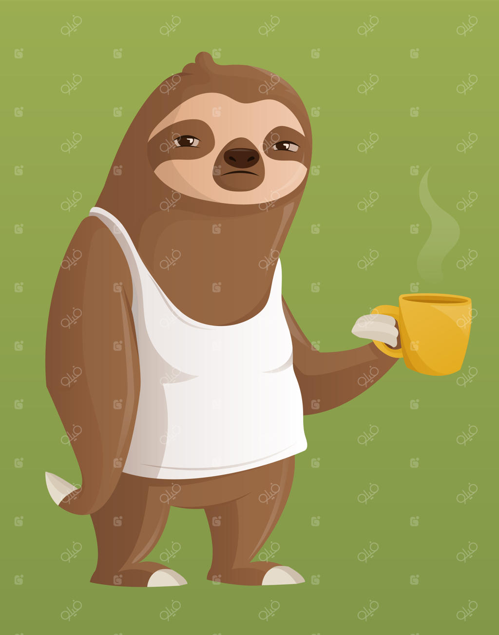 تصویر وکتور یک تنبل با یک فنجان قهوه. تنبل خواب‌آلود و کاهل.