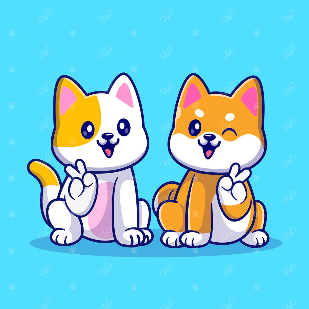 تصویر کارتونی گربه ناز و سگ شایبا اینو با دست صلح