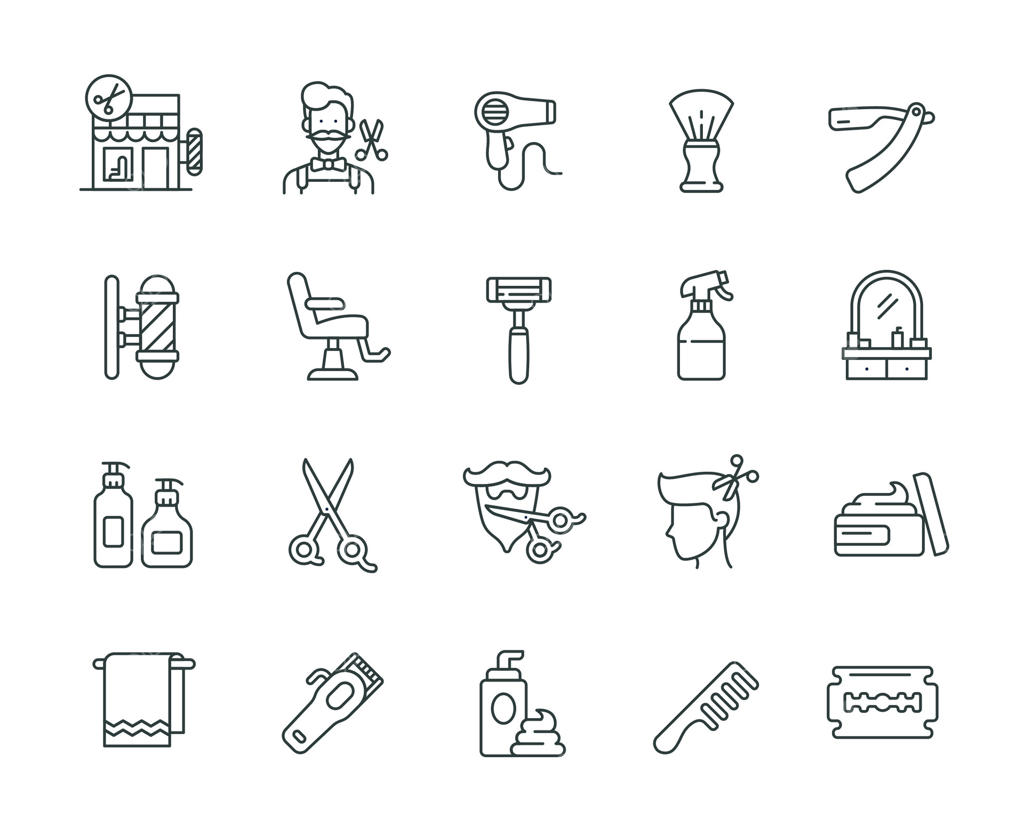 مجموعه آیکون آرایشگاه، تجهیزات و ابزارهای سلمانی به سبک خطی