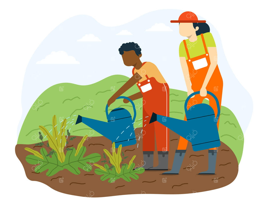 مادر به پسرش یاد می‌دهد با آب‌پاشی گیاهان را آبیاری کند. فعالیت کشاورزی کشاورز. کار در باغ. کارهای کشاورزی. کشاورز زن در حال آبیاری بذرها.