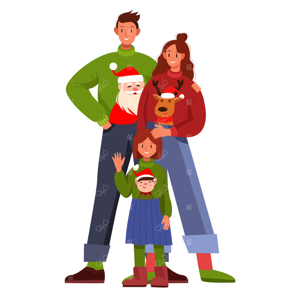 تصویر تعطیلات خانوادگی کریسمس با مادر، پدر و دختر خوشحال در ژاکت‌های بامزه کریسمسی