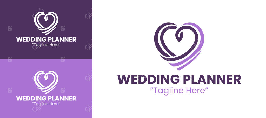 طراحی لوگوی خلاقانه برنامه‌ریز عروسی با طرح قلب و حلقه‌های بنفش و زیبا
