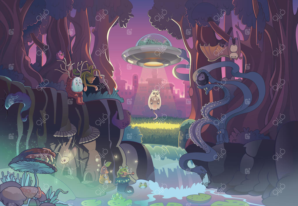 تصویر کارتونی از یک شهر با یک بشقاب پرنده در وسط آن.