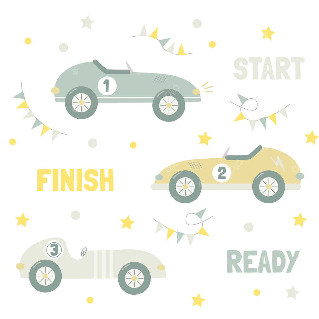 یک مجموعه از ماشین‌های مسابقه‌ای بامزه و جذاب برای پسران. طراحی ساده و تخت، در رنگ‌های ملایم و پاستلی.