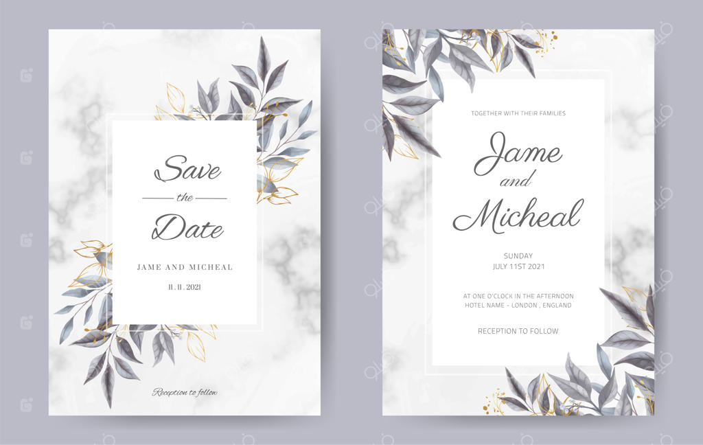 کارت دعوت عروسی: طراحی با برگ‌های آبرنگی و برگ‌های طلایی روی پس‌زمینه‌ی مرمر. ست قالب کارت‌ها.