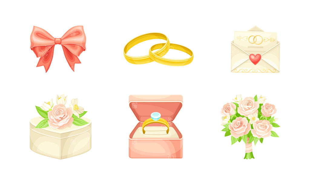 مجموعه آیکون‌های عروسی: حلقه، گل و هدایا - وکتور حرفه‌ای