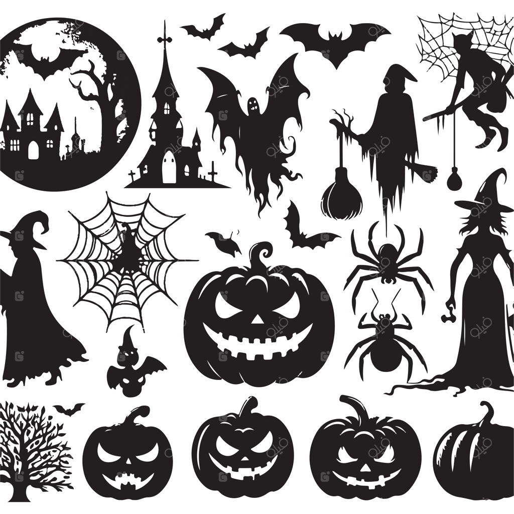 مجموعه وکتور رایگان سیلوئت‌های دست‌کش هالووین با پس‌زمینه سفید
