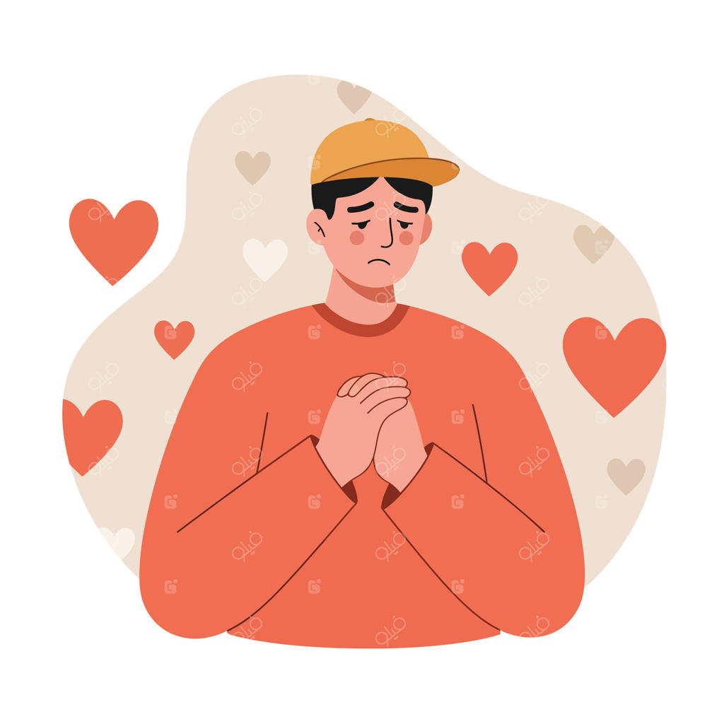 مرد غمگین با پلیور نارنجی و دستان درهم گره‌شده، محاصره‌شده با قلب‌ها که بیانگر آسیب‌پذیری و تنهایی او است - تصویرسازی