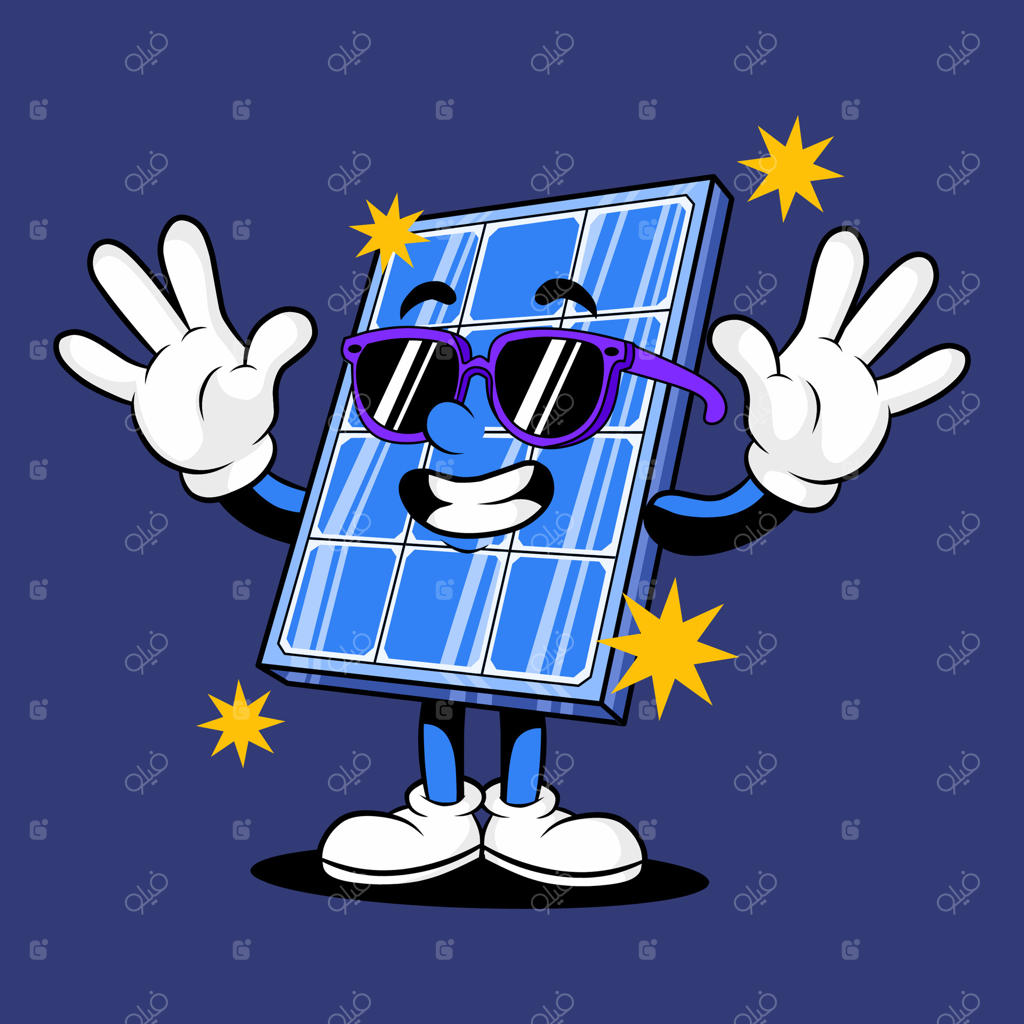 طراحی عجیب سلول خورشیدی، بیان دوستانه، سبک کارتونی سایکدلیک رترو، انرژی جایگزین بدون کربن.