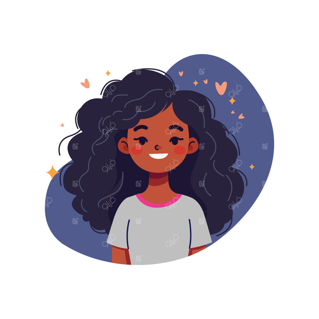 دختر خندان با موهای فرفری و آیکون‌های قلب به سبک کارتونی ساده.