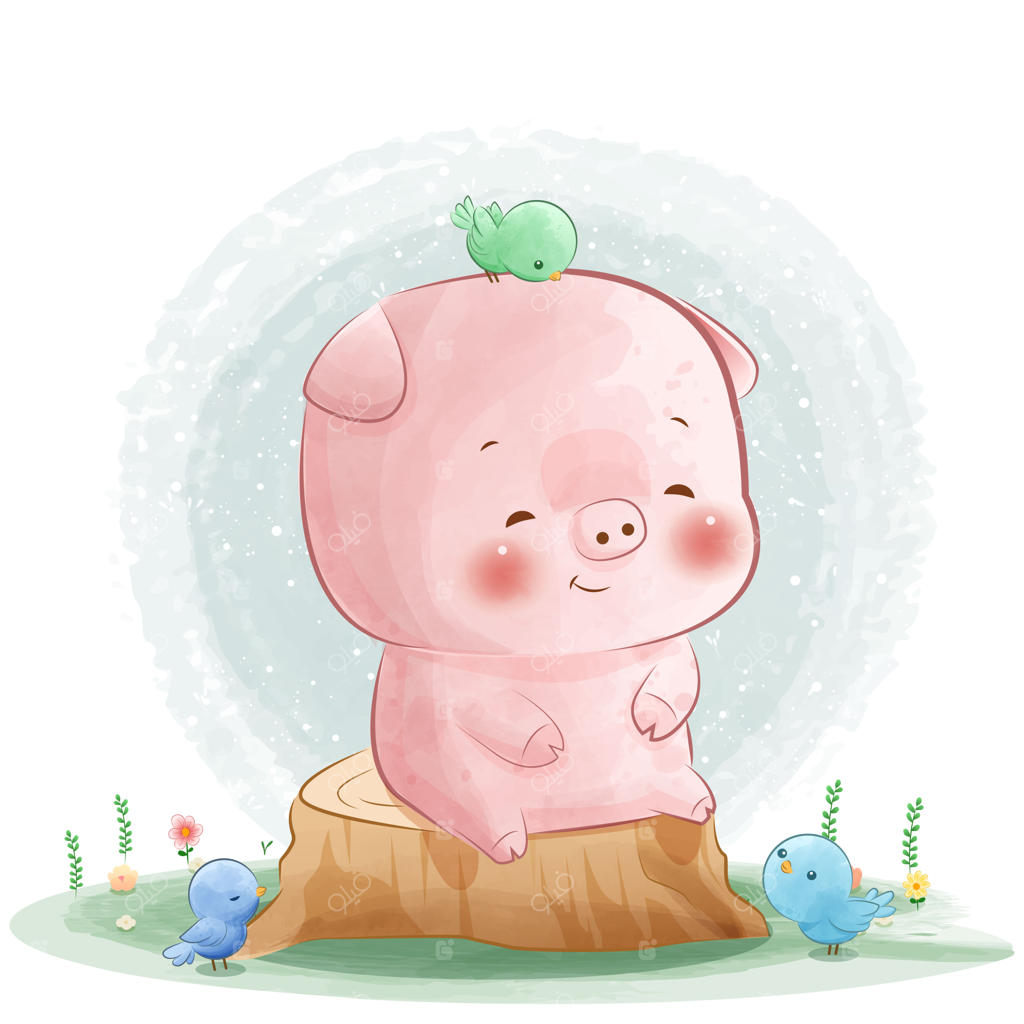 خوک کوچولوی ناز با چکمه و پرنده کوچولو برای چاپ جلد کتاب و تزیینات سیسمونی اتاق کودک