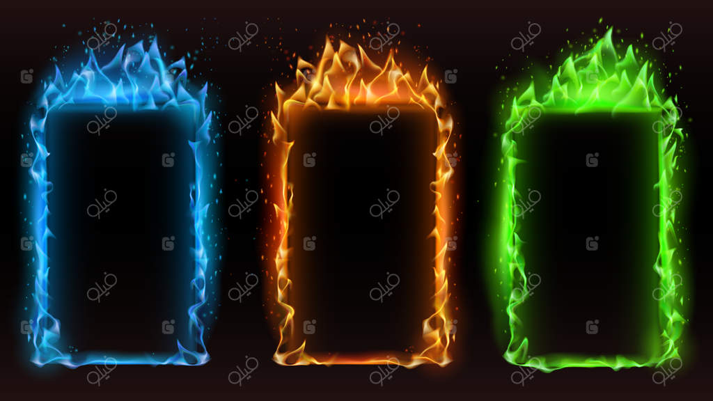 قاب‌های آتش با رنگ‌های متفاوت: وکتور قاب‌های آتش با اثر حرکتی و درخشش نارنجی و آبی، تصویرسازی بنر خطر آتش‌زا