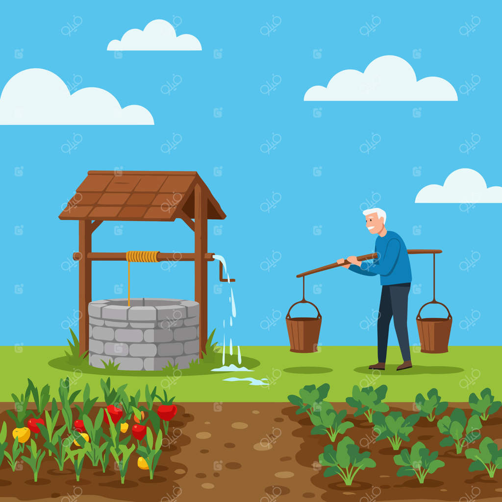 مردی در روز آفتابی آب از چاه به باغ می‌برد