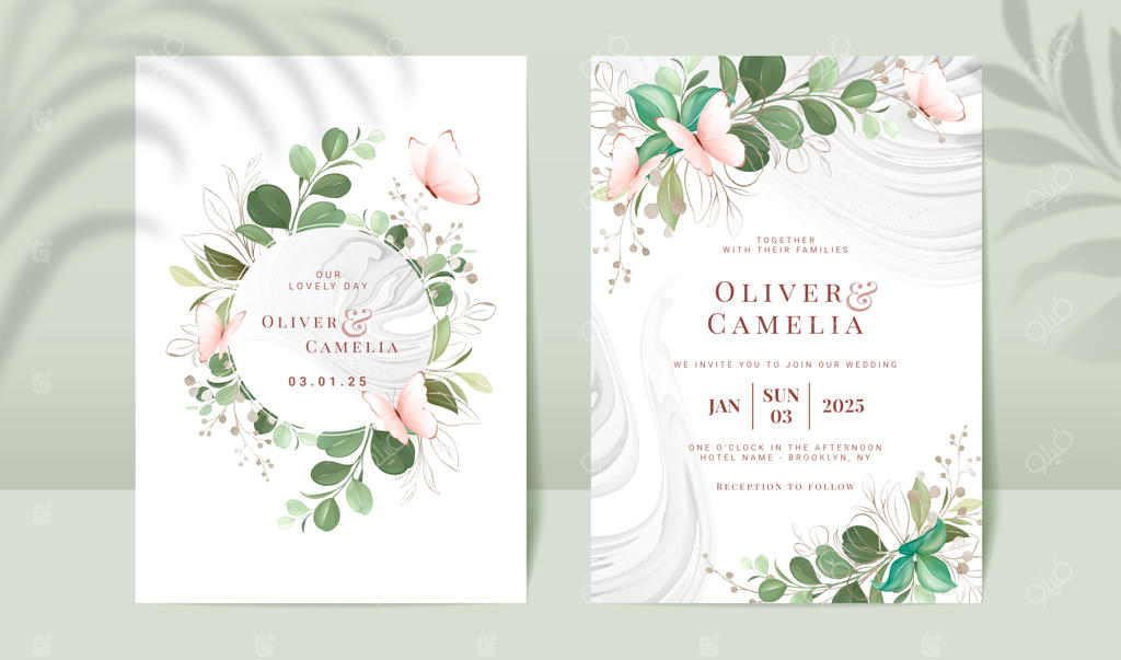 مجموعه قالب کارت دعوت عروسی با طرح گیاهان آبرنگی