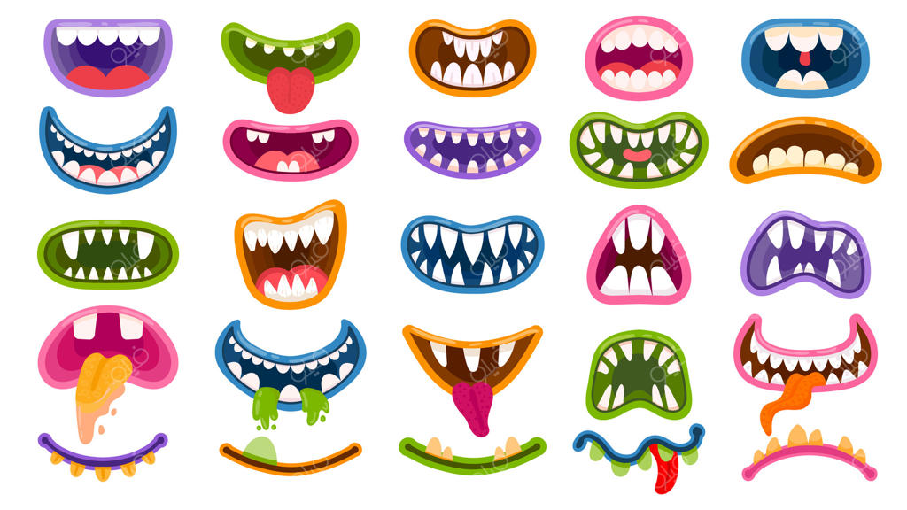 دهان هیولای کارتونی: دهان‌های ترسناک و خنده‌دار با دندان و زبان! ماسک‌های هالووین، خنده‌های هیولای شوخ و لبخند ترسناک دلقک - مجموعه وکتور