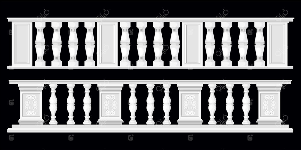 ستون‌های گلدان بالستر با دو نمای جداگانه از طراحی کلاسیک نرده‌ سنگی بر روی پس‌زمینه سیاه، تصویرسازی وکتور