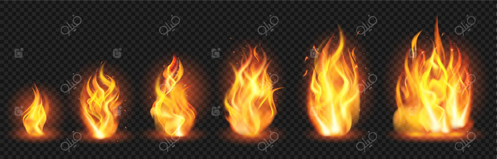 طرح واقع‌گرای شعله. شعله‌های آتش با اندازه‌های مختلف، زبانه‌های آتش در حال گسترش، مجموعه‌ای از تصاویر برداری شعله‌های آتش سوزان