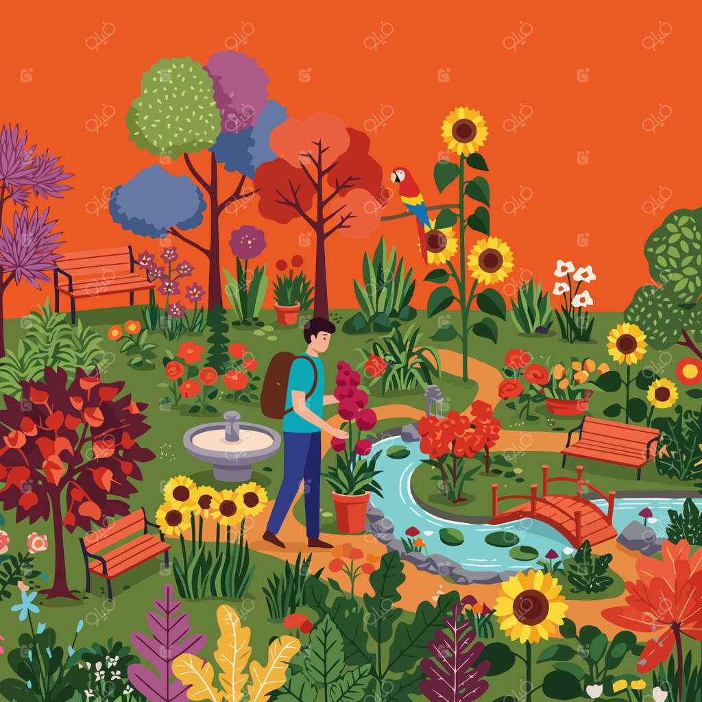 گردشی در باغ رنگارنگ با گل‌ها، نهر، درختان و پرندگان