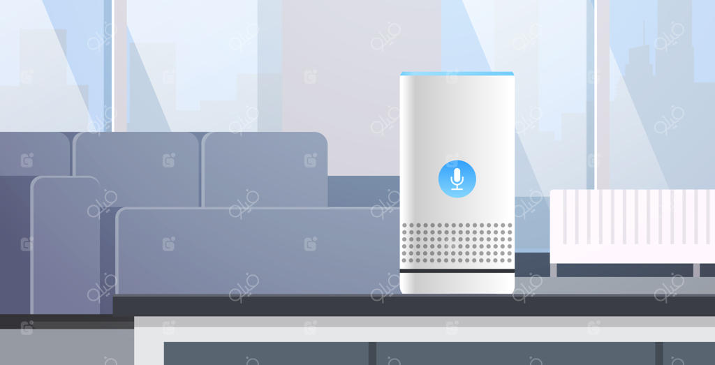 شناخت صدای بلندگوی هوشمند: دستیاران دیجیتال فعال با فرمان‌های خودکار در طراحی داخلی مدرن اتاق نشیمن - تصویرسازی افقی وکتور