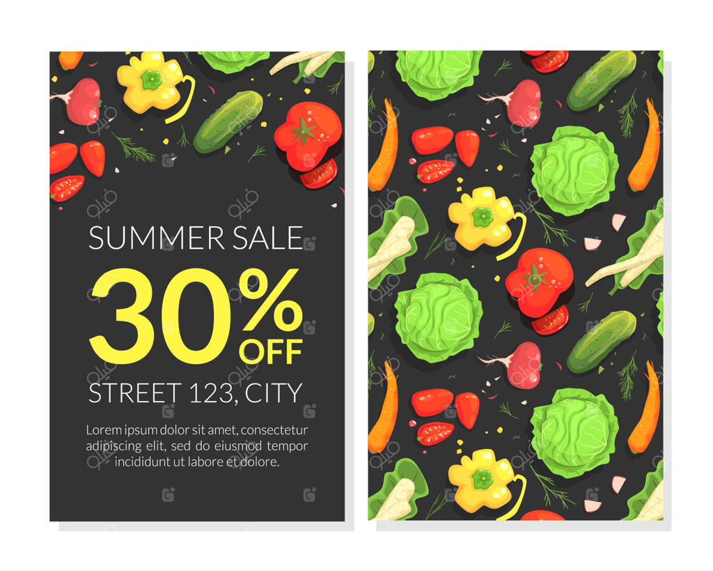 قالب کارت پیشنهاد ویژه فروش تابستانه با پترن یکدست سبزیجات ارگانیک سالم، طراحی بروشور، منو، کوپن، بنر