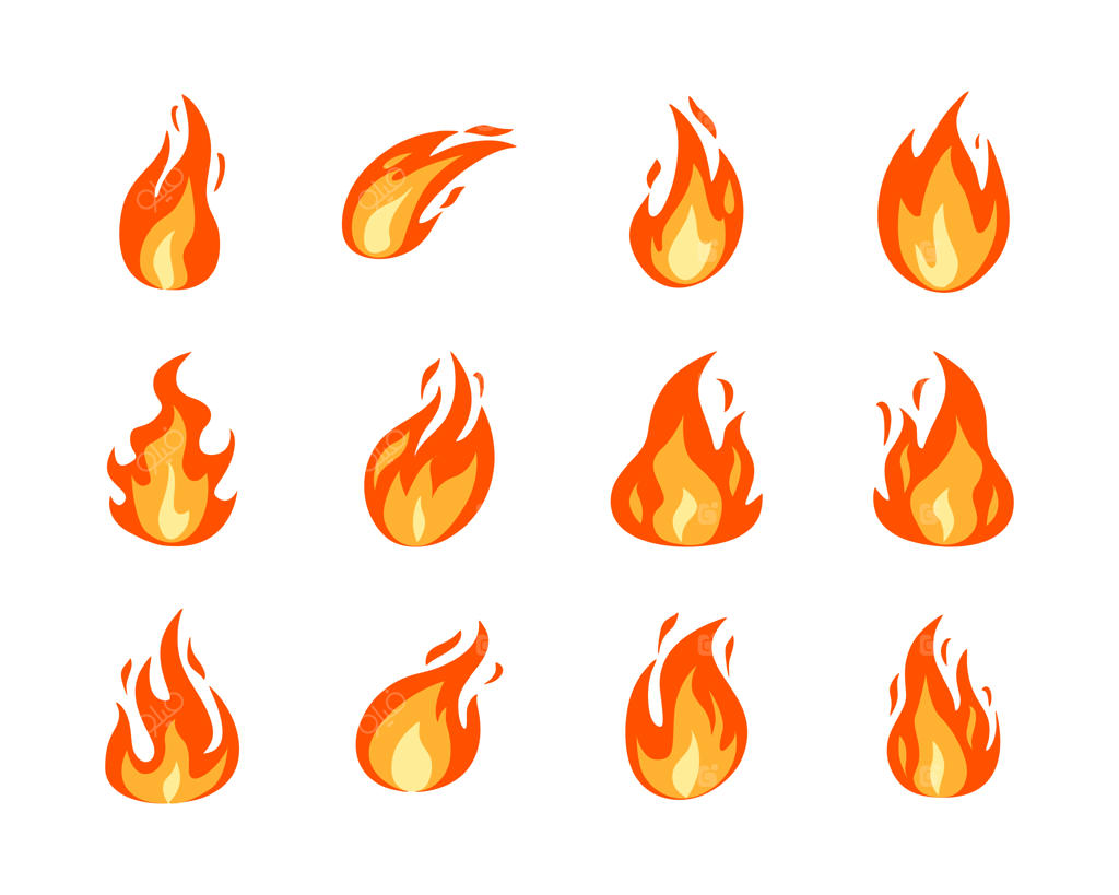 مجموعه آیکون‌های شعله و اشکال استایلیزه آتش برای انیمیشن و تصویرسازی