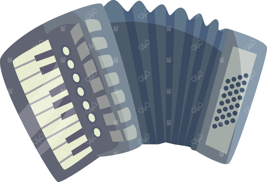 در این تصویر، یک آکاردئون با کلیدها و دکمه‌های قابل مشاهده به همراه بادبزن‌هایش نمایش داده شده است. طراحی رنگارنگ بر روی فرم منحصر به فرد این ساز موسیقی تاکید دارد.