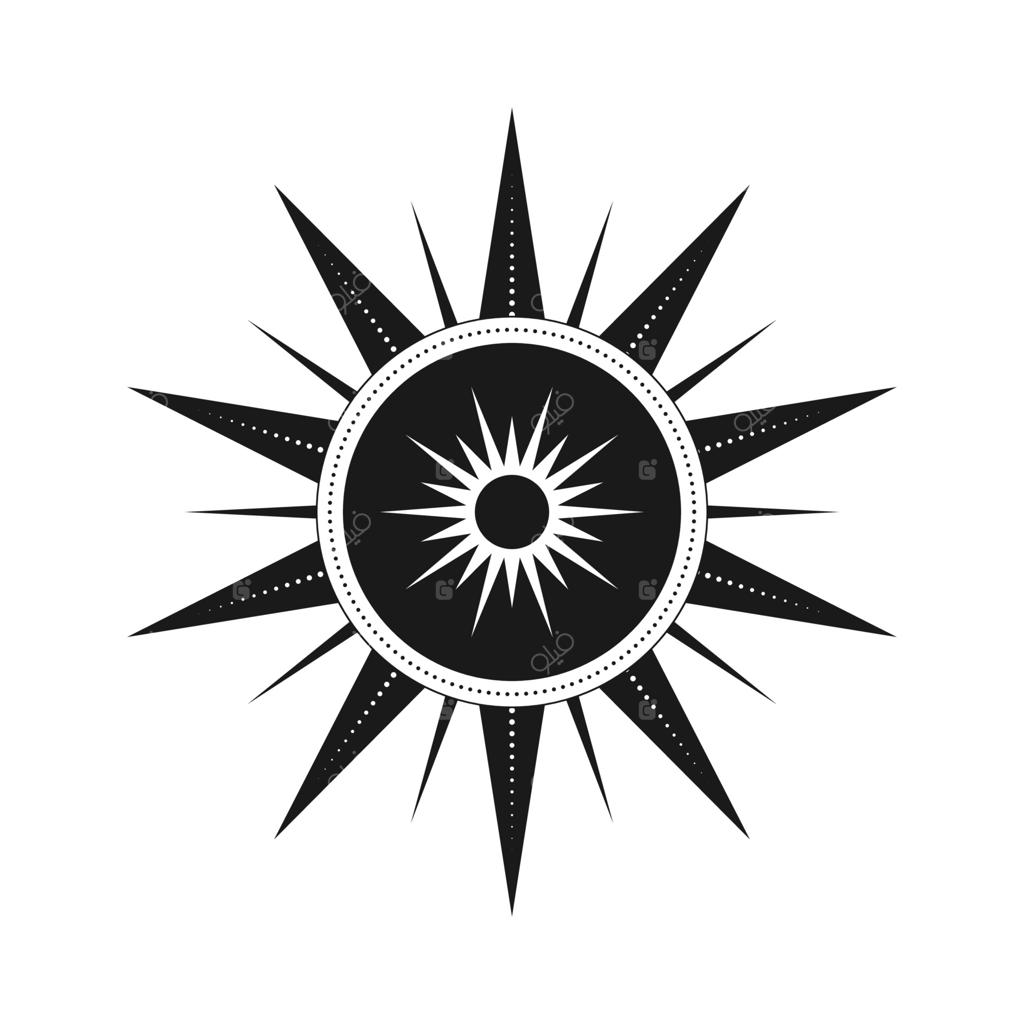 تصویرسازی برداری خورشید آسمانی انتزاعی. نماد عرفانی بوهمی با پرتوهای خورشید درخشان. طلسم جادویی، سبک قبیله‌ای باستانی، طرح بوهویی، تتو، چاپ هنری، تاروت