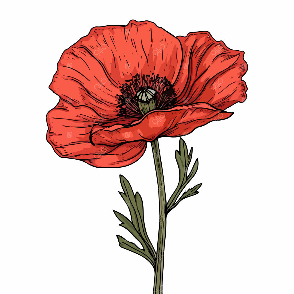 تصویرسازی وکتور و آیکون گل شقایق خطی با گلبرگ‌های قرمز، طراحی دستی و ایزوله شده