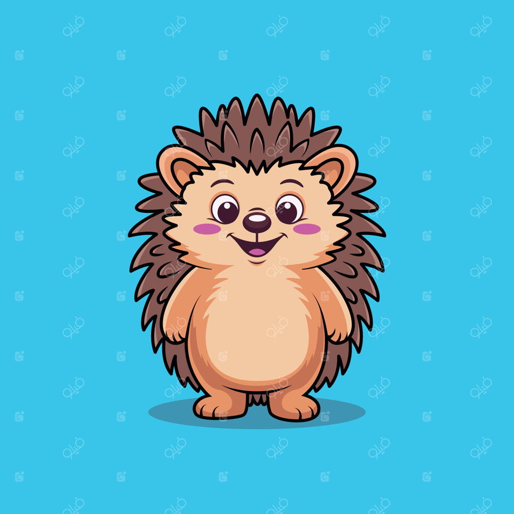 شخصیت کارتونی جوجه‌تیغی بامزه با لبخندی شیرین، مناسب برای کتاب‌های کودک، محتوای آموزشی و طرح‌های دلنشین کودکانه