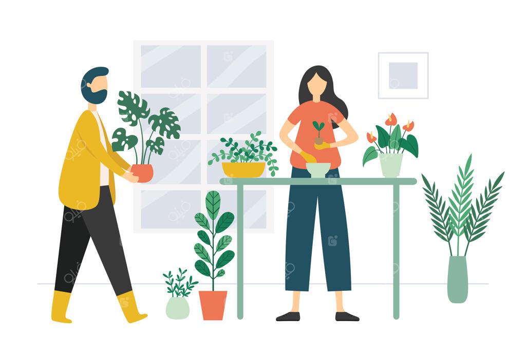 افراد باغبانی: زنی با دستکش در حال کاشت نهال در گلدان جدید و مردی که گیاه را حمل می‌کند، مراقبت از گیاهان خانگی