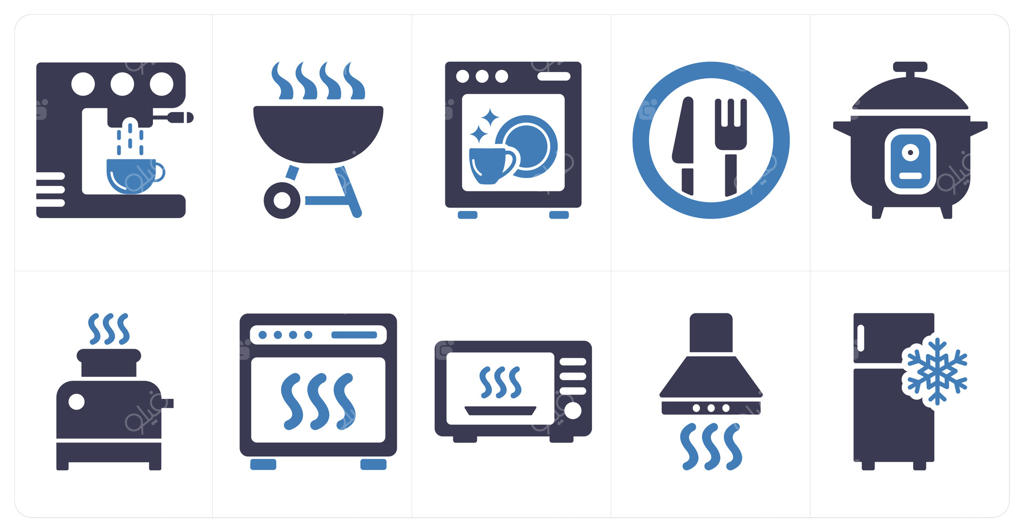 مجموعه‌ای از ۱۰ آیکون لوازم خانگی مانند قهوه‌ساز، باربیکیو، ماشین ظرف‌شویی به رنگ آبی پررنگ