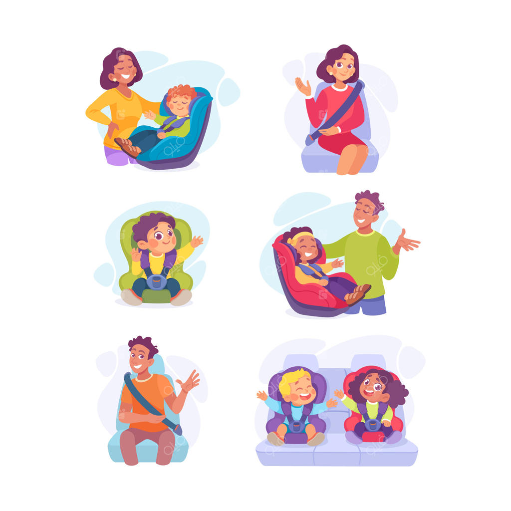 خانواده‌ای با نوزاد در صندلی ماشین و چند کودک دیگر در صندلی ماشین