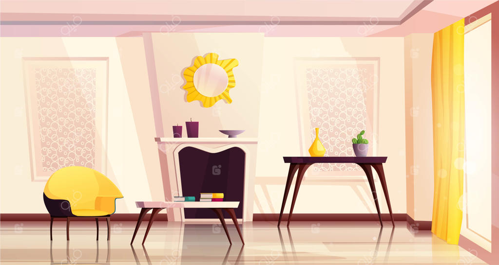 دکوراسیون لوکس اتاق نشیمن با صندلی‌های زرد، میز، شومینه، پنجره و پرده.