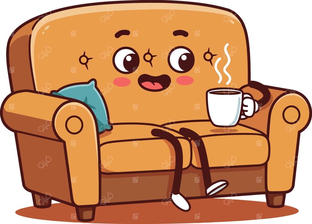 شخصیت کارتونی خوشحال روی کاناپه نارنجی دنج با فنجانی قهوه داغ در حال استراحت