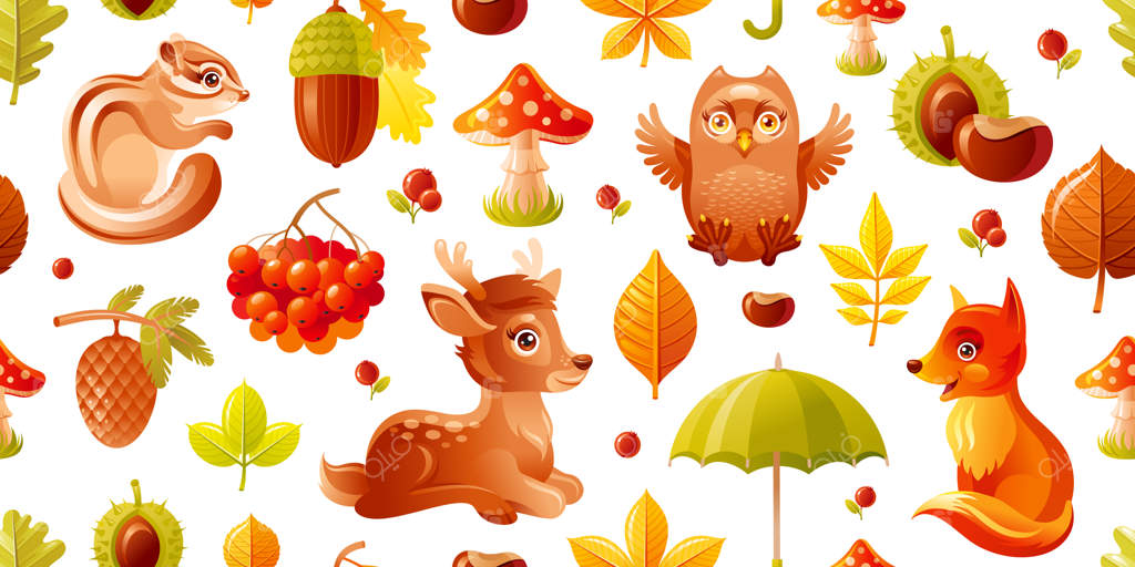 پترن جنگل پاییزی: حیوانات بامزه مثل روباه، سنجاب، جغد و گوزن  
تصویر زمینه‌ای کارتونی با برگ‌های پاییزی، بلوط و قارچ  
ست کامل حیوانات جنگلی برای کاغذ دیواری