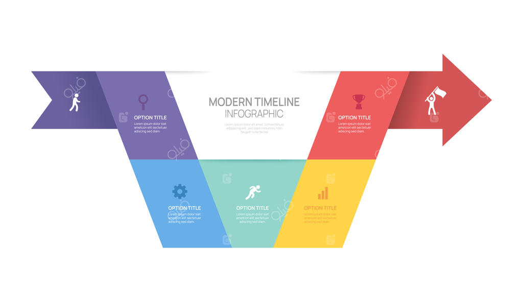 الگوی اینفوگرافیک: نماد پیکان هندسی برای نمایش مراحل موفقیت در کسب‌وکار.