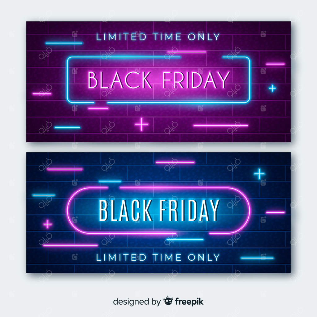 بنرهای روشن نئون جمعه سیاه با علامت‌های مثبت و منفی