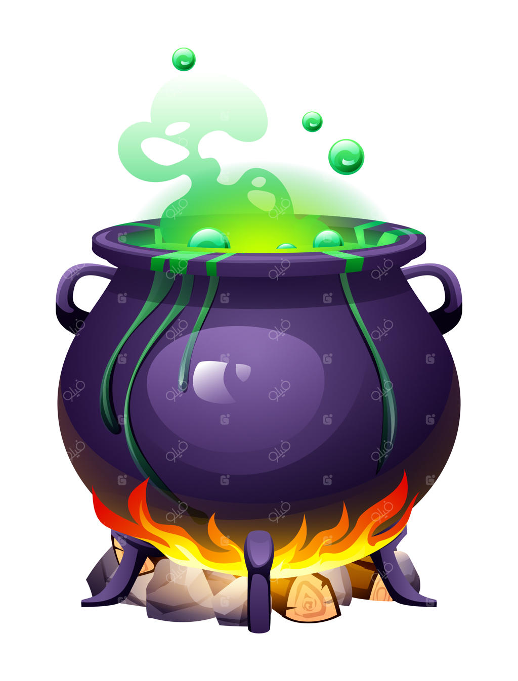 تصویرسازی کارتونی وکتور دیگ جادوگر با معجون سبز جوشان روی آتش