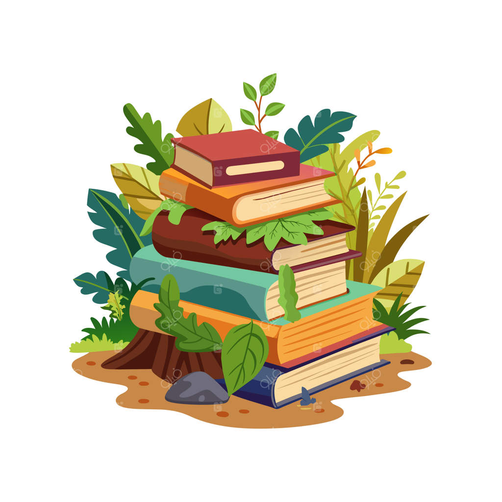 توده‌ای از کتاب‌ها با تصویر یک گیاه و کلمه "طبیعی" در بالاترین بخش